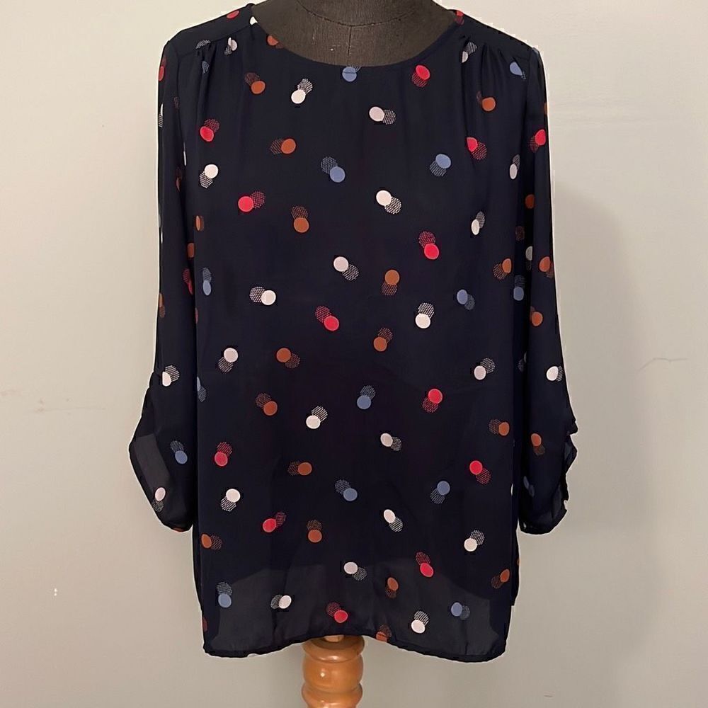 Pleione Women's Black Polka Dot 3/4 Sleeve Multi Layered Blouse